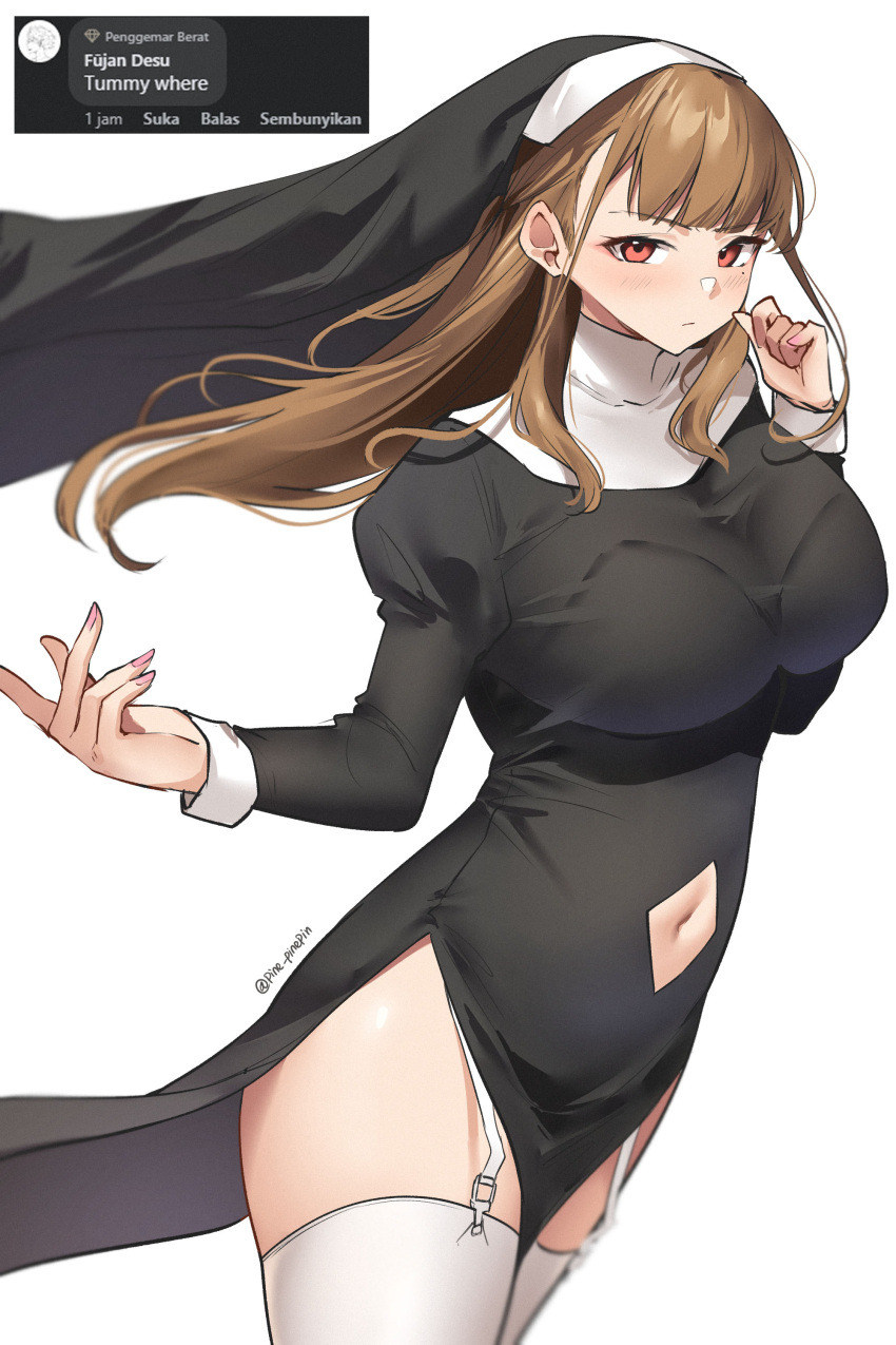 1girl absurdres black_dress breasts brown_hair character_request clothing_cutout commentary copyright_request cowboy_shot dress garter_straps habit hand_up highres juliet_sleeves large_breasts long_hair long_sleeves looking_at_viewer navel navel_cutout nun pinnn puffy_sleeves red_eyes simple_background solo standing thighhighs thighs very_long_hair white_background white_thighhighs