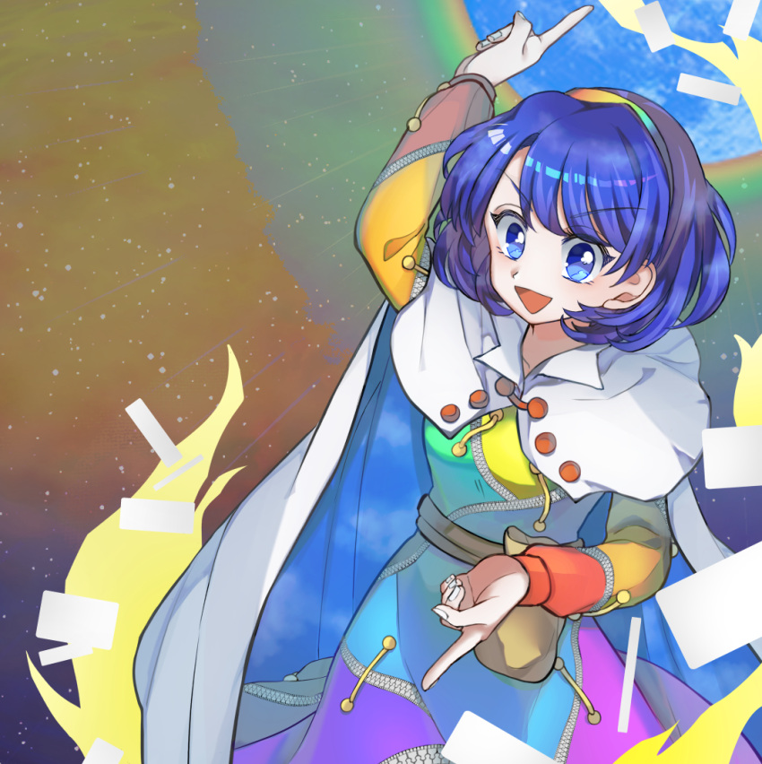 :d aura belt belt_pouch blue_eyes blue_hair breasts cape cloak cloud_print dress full_moon hairband mirei_(miirei) moon multicolored_clothes multicolored_dress multicolored_hairband open_mouth patchwork_clothes pointing pointing_down pointing_up pouch rainbow rainbow_gradient short_hair sky_print small_breasts smile tenkyuu_chimata touhou two-sided_cape two-sided_fabric unconnected_marketeers upper_body v-shaped_eyebrows white_cape white_cloak yellow_bag zipper