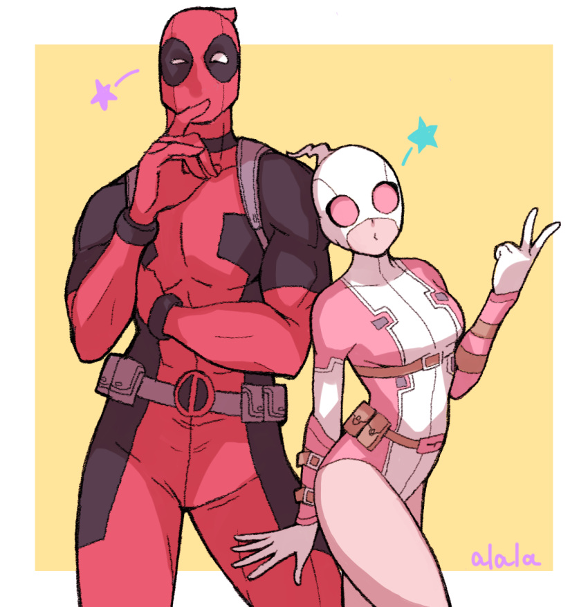 1boy 1girl artist_name belt black_bodysuit bodysuit border breasts brown_belt closed_mouth covered_collarbone deadpool gwenpool hand_up highres marvel mask medium_breasts muscular muscular_male outside_border pectorals pink_bodysuit pocket red_bodysuit simple_background standing star_(symbol) sushi_pizza_rrr two-tone_bodysuit v white_bodysuit white_border white_mask yellow_background