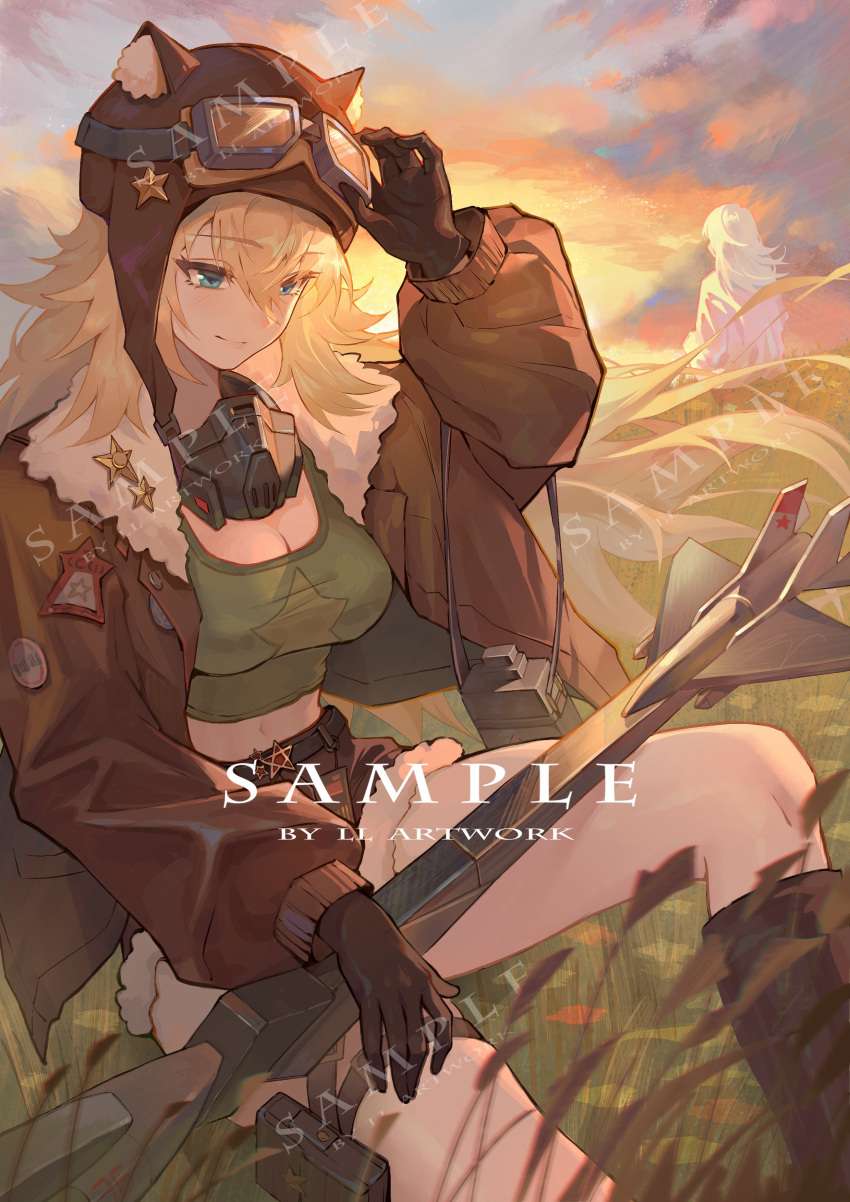 2girls absurdres animal_ear_fluff animal_ears belt blonde_hair blue_eyes blue_sky breasts brown_gloves brown_jacket brown_shorts cleavage closed_mouth english_text fake_animal_ears fur-trimmed_jacket fur_trim gas_mask gloves goggles goggles_on_head grass green_shirt highres jacket lazy_dog_916513884 lilya_(reverse:1999) mask multiple_girls outdoors reverse:1999 sample_watermark shirt shorts sitting sky solo_focus sunset watermark
