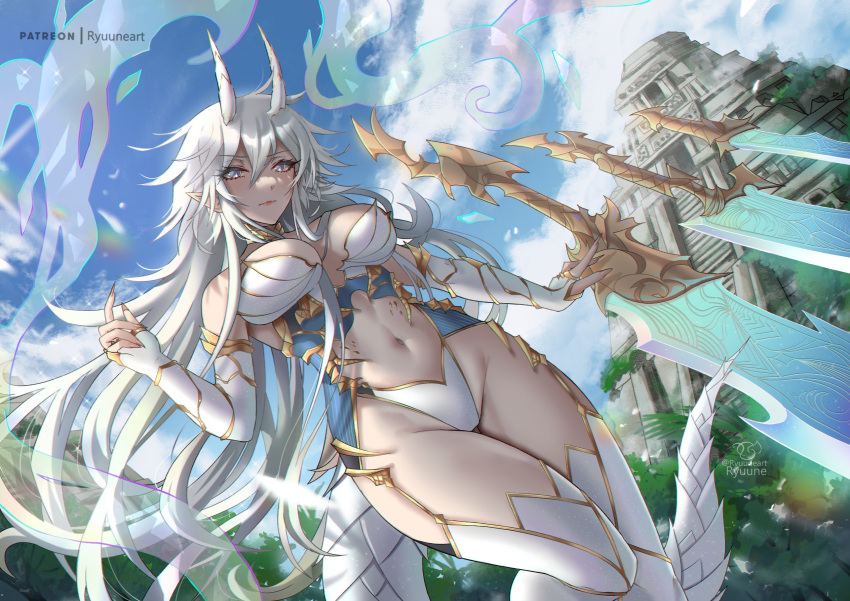 1girl blue_sky breasts closed_mouth cloud cloudy_sky commission day gauntlets grey_eyes hair_between_eyes highres horns large_breasts long_hair looking_at_viewer navel original outdoors ryuuneart sky smile solo sword tail temple thighs very_long_hair weapon white_hair