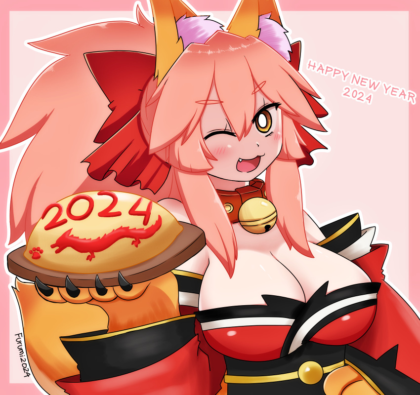 1girl 2024 animal_ear_fluff animal_ears animal_hands bare_shoulders bell blush bow breasts cat_paws cleavage collar detached_sleeves dragon fang fate/grand_order fate_(series) fox_ears fox_girl fox_tail gloves happy_new_year highres japanese_clothes jingle_bell keita_naruzawa kimono large_breasts long_hair looking_at_viewer neck_bell one_eye_closed open_mouth paw_gloves pink_hair ponytail red_kimono red_ribbon ribbon solo tail tamamo_(fate) tamamo_cat_(fate) yellow_eyes