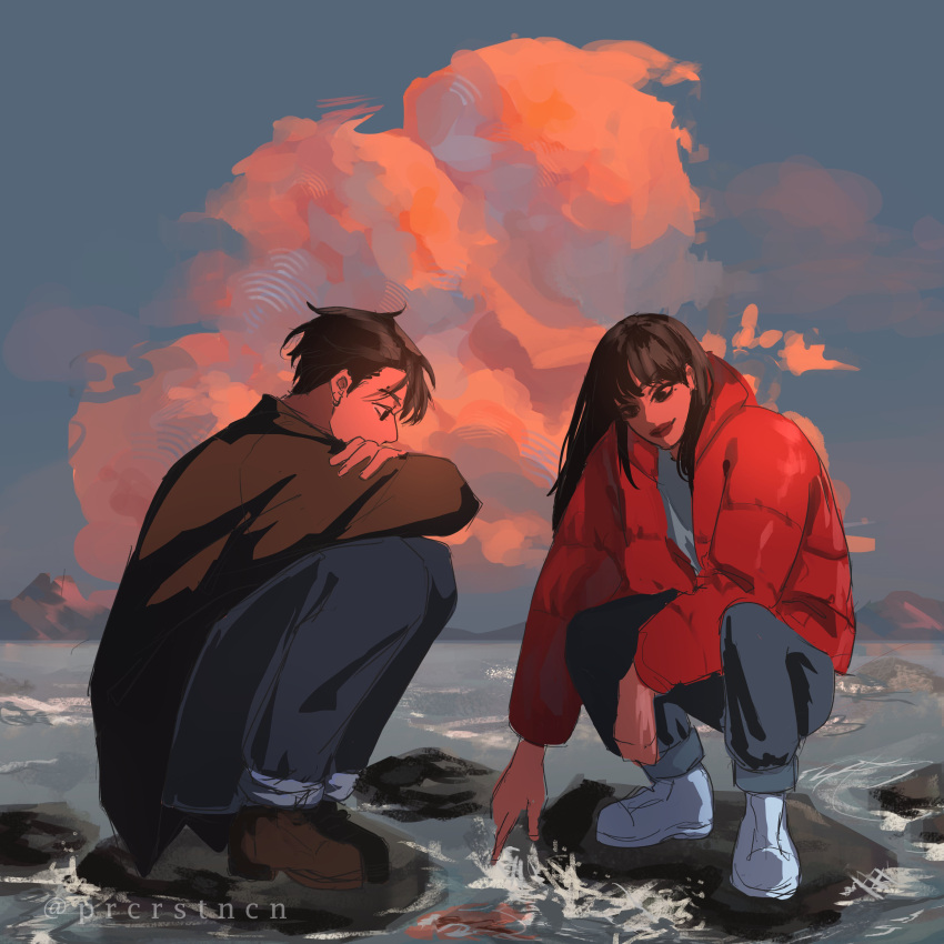 1boy 1girl absurdres brown_footwear brown_hair brown_jacket cloud highres jacket jeon_jungkook_(bts) lisa_(blackpink) pants prcrstncn real_life red_jacket shoes sneakers squatting sunset track_pants