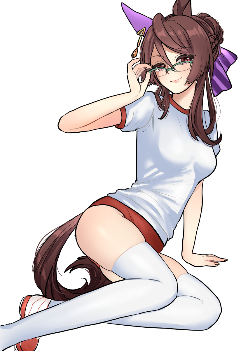 1girl absurdres adjusting_eyewear animal_ears arm_support braid brown_hair buruma closed_mouth commentary ear_covers french_braid glasses green-framed_eyewear gym_shirt gym_uniform hair_ribbon highres horse_ears horse_girl horse_tail leaning_to_the_side over-rim_eyewear purple_eyes purple_ribbon red_buruma ribbon royce_and_royce_(umamusume) semi-rimless_eyewear shirt shoes short_hair_with_long_locks short_sleeves simple_background single_ear_cover sitting smile solo suzysasato swept_bangs t-shirt tail thighhighs umamusume uwabaki white_background white_footwear white_shirt white_thighhighs yokozuwari