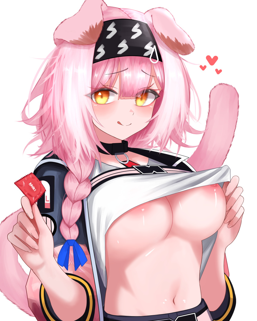 1girl :q absurdres animal_ears areola_slip arknights black_collar blue_jacket blue_ribbon braid breasts cat_ears cat_girl cat_tail clothes_lift collar condom flashing floppy_ears goldenglow_(arknights) hair_ornament hair_ribbon hairclip heart highres holding holding_condom jacket licking_lips lifted_by_self long_hair long_sleeves looking_at_viewer multicolored_clothes multicolored_jacket navel nipple_slip nipples no_bra open_clothes open_jacket pink_hair pink_jacket ribbon shirt shirt_lift simple_background solo split_mouth stomach tail tongue tongue_out two-tone_jacket underboob upper_body white_background white_shirt yellow_eyes yon_(isieuniya)