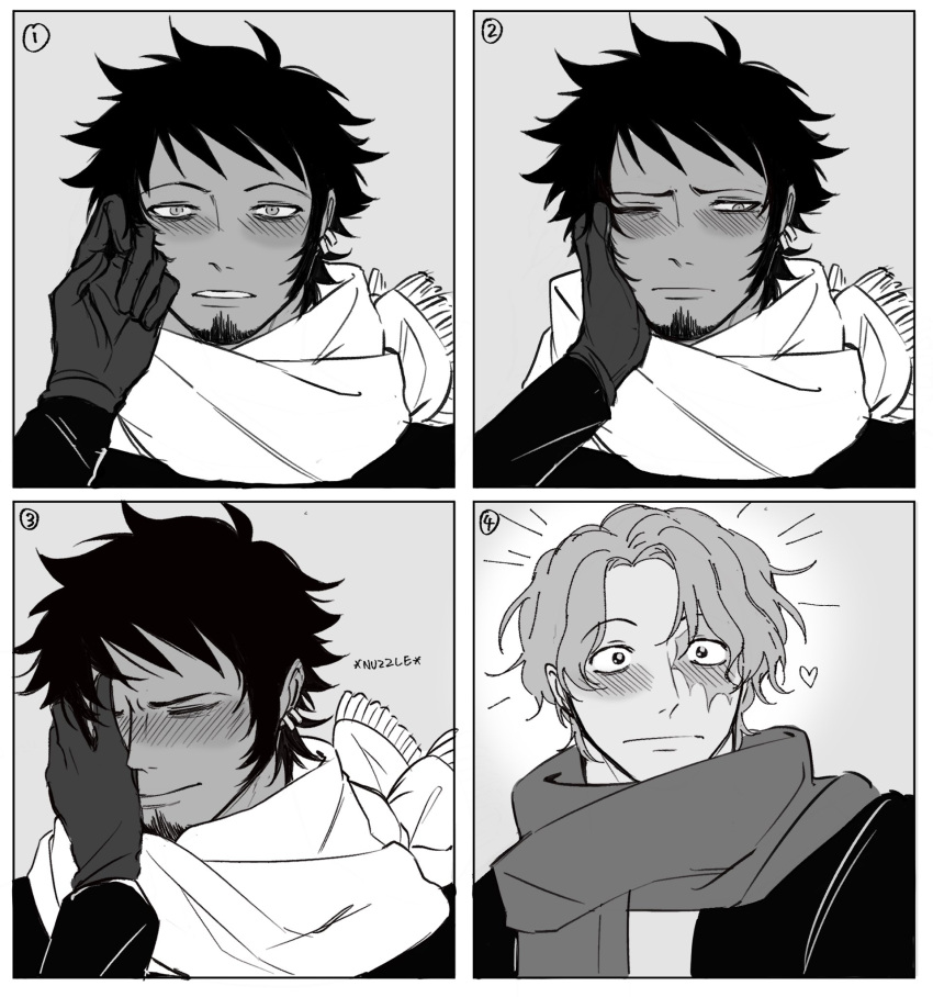 2boys blush burn_scar closed_eyes closed_mouth coat couple earrings english_commentary facial_hair full-face_blush gloves goatee hand_on_another's_cheek hand_on_another's_face heart highres jewelry long_sleeves looking_at_another male_focus monochrome multiple_boys nuzzle one_eye_closed one_piece parted_lips sabo_(one_piece) scar scar_across_eye scar_on_face scarf shirt short_hair teeth trafalgar_law xve009 yaoi