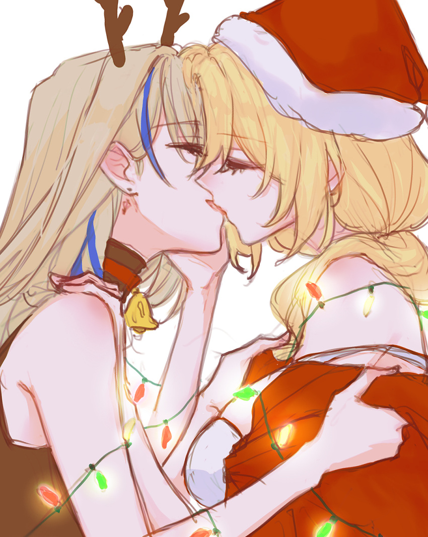 0214x0826 2girls antlers bare_arms bare_shoulders bell blonde_hair brown_choker brown_shirt choker christmas christmas_lights closed_eyes cocolia_rand commentary_request earrings from_side hand_on_another's_shoulder hand_on_own_cheek hand_on_own_face highres honkai:_star_rail honkai_(series) jacket jewelry kiss korean_commentary low_ponytail multicolored_hair multiple_girls neck_bell profile red_jacket serval_landau shirt simple_background sleeveless sleeveless_shirt strap_slip streaked_hair white_background white_shirt yuri