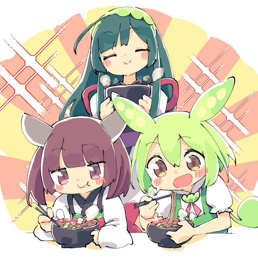 3girls ahoge ayakashi_(monkeypanch) blush_stickers brooch brown_hair chopsticks closed_eyes closed_mouth commentary_request eating food full_mouth green_hair green_hairband green_overalls hairband headgear highres holding holding_chopsticks holding_food japanese_clothes jewelry jitome kimono long_hair long_sleeves low_ponytail multiple_girls neck_ribbon noodles obi puffy_short_sleeves puffy_sleeves ribbon sash short_sleeves sidelocks smile soba sparkle standing steam sunburst sunburst_background tasuki touhoku_kiritan touhoku_zunko twintails voiceroid voicevox white_kimono yellow_eyes zundamon