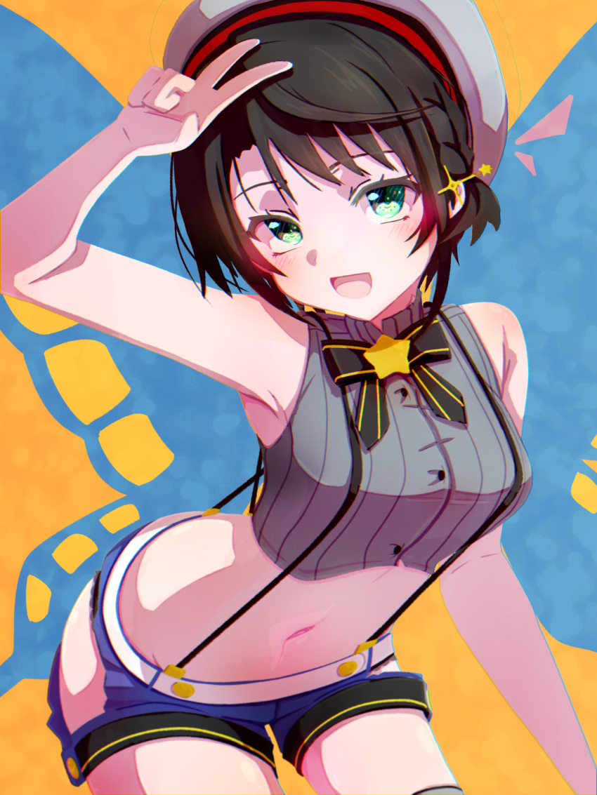 1girl beret blue_eyes blue_shorts breasts brown_hair commentary_request cropped_shirt grey_headwear grey_shirt hat highres hololive looking_at_viewer medium_breasts navel official_alternate_costume oozora_subaru oozora_subaru_(2nd_costume) open_mouth qwq_oekaki shirt shorts sleeveless sleeveless_shirt smile solo striped striped_shirt suspender_shorts suspenders v_over_head vertical-striped_shirt vertical_stripes virtual_youtuber