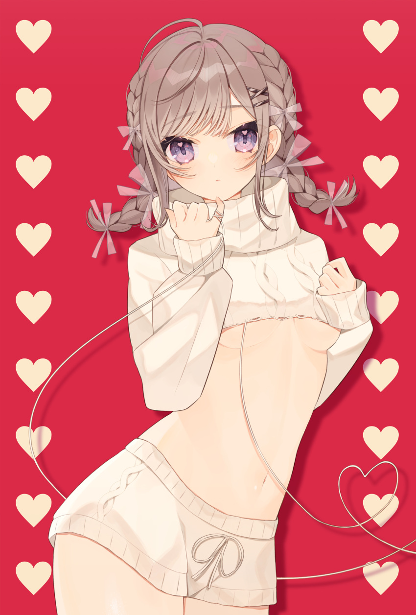 1girl absurdres ahoge aran_sweater blush braid breasts brown_hair cable_knit closed_mouth contrapposto cowboy_shot hair_ornament hair_ribbon hairclip heart heart_in_eye heart_of_string highres long_hair long_sleeves looking_at_viewer midriff minasenagi navel original purple_eyes ribbon shorts small_breasts solo sweater symbol_in_eye turtleneck turtleneck_sweater twin_braids underboob white_shorts white_sweater x_hair_ornament