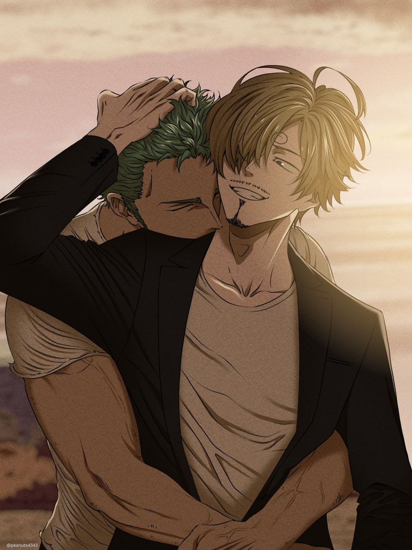 2boys arm_at_side beard black_jacket blonde_hair blue_eyes closed_eyes collarbone colored_skin cowboy_shot curly_eyebrows dark_skin dawn facial_hair green_hair hair_between_eyes hair_over_one_eye hand_on_another's_head headpat highres hug hug_from_behind jacket kiss kissing_neck looking_at_another multiple_boys mustache one_piece open_clothes open_jacket pinattsu roronoa_zoro sanji_(one_piece) shirt short_hair short_sleeves sky veins veiny_arms white_shirt white_skin yaoi