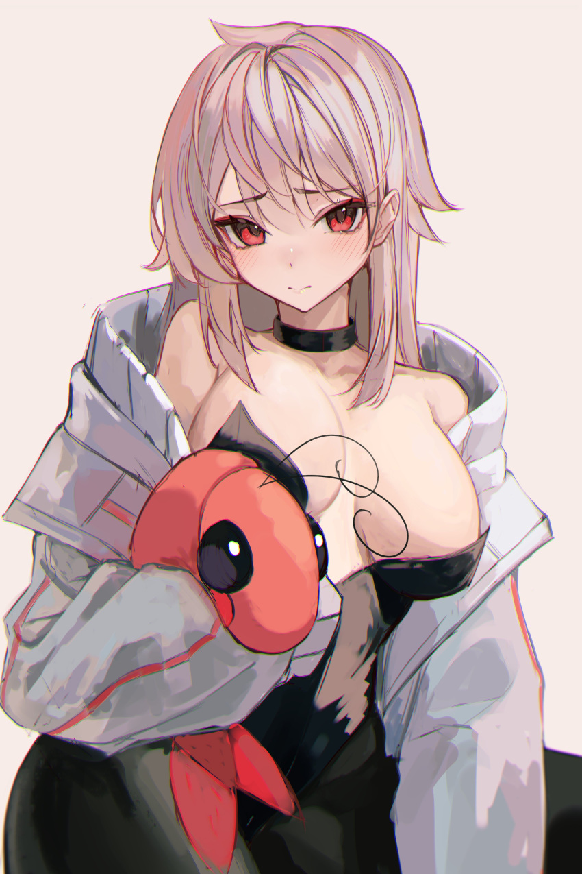 00_nation 1girl absurdres black_collar black_leotard black_pantyhose blush breasts closed_mouth collar collarbone commentary genderswap genderswap_(mtf) grey_hair hair_between_eyes highres holding holding_stuffed_toy ipn jacket large_breasts leotard long_hair long_sleeves looking_at_viewer naokomama open_clothes open_jacket pantyhose red_eyes shrimp simple_background solo stuffed_animal stuffed_shrimp stuffed_toy white_background white_jacket