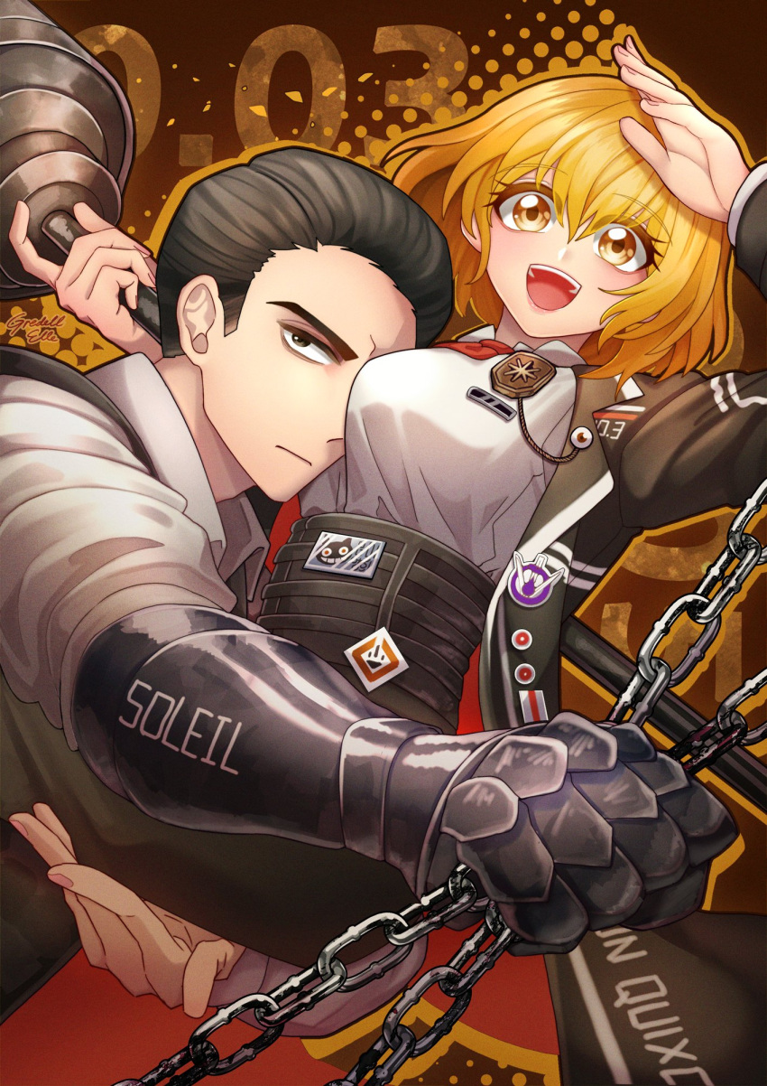 1boy 1girl arm_up badge between_breasts black_coat black_pants blonde_hair breasts carrying carrying_person chain coat don_quixote_(project_moon) gauntlets gredell_elle head_between_breasts highres holding holding_weapon large_breasts limbus_company long_sleeves meursault_(project_moon) necktie pants project_moon red_necktie short_hair smile weapon yellow_eyes