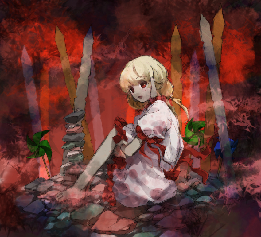 1girl barefoot blonde_hair commentary_request dress ebisu_eika frilled_dress frilled_sleeves frills hands_under_legs highres kaigen_1025 long_earlobes open_mouth pinwheel red_eyes rock sitting smile solo touhou white_dress