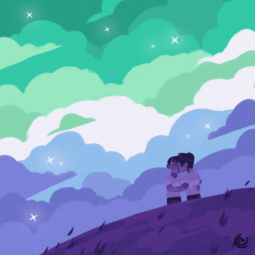 2boys caldatelier closed_eyes couple flag_background from_below gay_male_pride_flag grass happy highres kiss lgbt_pride male_focus multicolored_clouds multiple_boys original short_hair sideburns sky sky_focus star_(sky) starry_sky thick_eyebrows yaoi