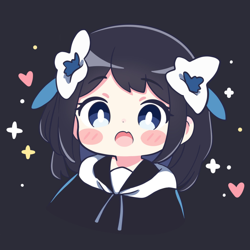 1girl :o absurdres black_background black_hair blue_eyes blush blush_stickers bow changkiwi chibi fang hair_ornament highres open_mouth self-upload skin_fang solo