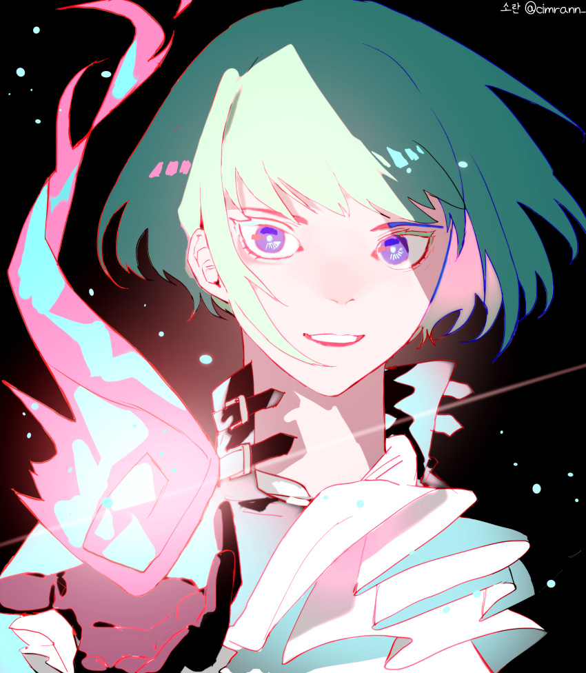 1boy absurdres ascot black_background black_gloves black_jacket fire gloves green_fire green_hair highres jacket light_particles lio_fotia male_focus outstretched_hand pink_fire promare purple_eyes pyrokinesis reaching reaching_towards_viewer short_hair short_hair_with_long_locks sidelocks simple_background smile so-rann solo upper_body white_ascot