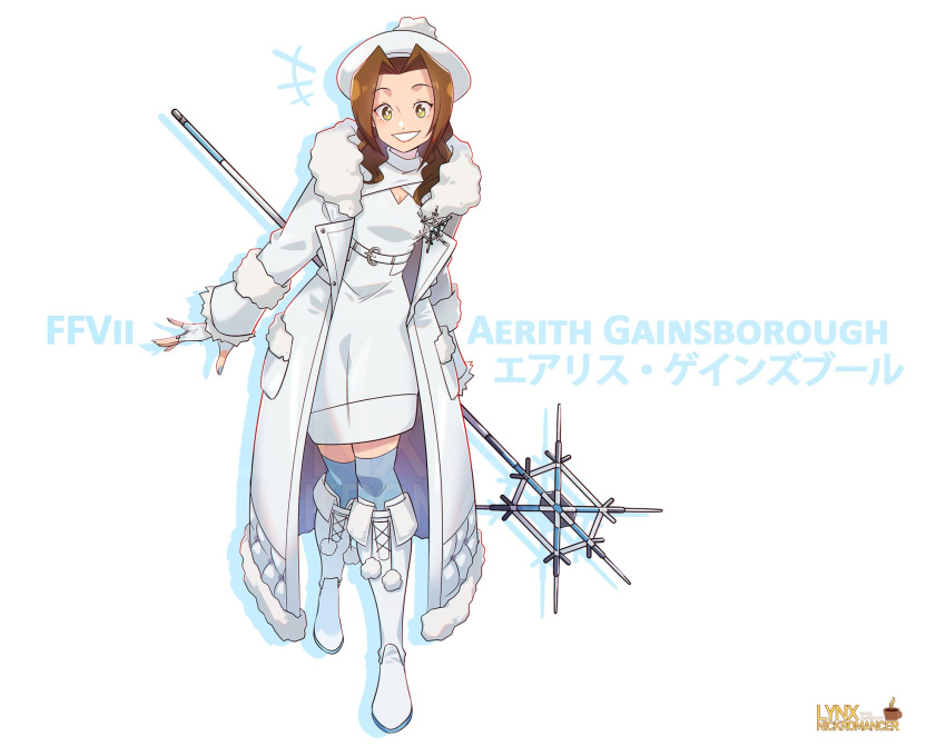 1girl aerith_gainsborough aerith_gainsborough_(fairy_of_snowfall) aqua_nails artist_name blue_socks boots breasts brown_hair character_name cheesecakes_by_lynx cleavage cleavage_cutout clothing_cutout coat dress final_fantasy final_fantasy_vii final_fantasy_vii_ever_crisis final_fantasy_vii_remake fingerless_gloves full_body fur-trimmed_boots fur-trimmed_coat fur_trim gloves green_eyes halter_dress halterneck hat highres holding holding_staff hood hood_down hooded_coat leaning_forward long_hair looking_at_viewer medium_breasts nail_polish official_alternate_costume parted_bangs short_dress sidelocks smile snowflakes socks solo staff teeth wavy_hair white_background white_coat white_dress white_footwear white_gloves white_headwear winter_clothes winter_coat