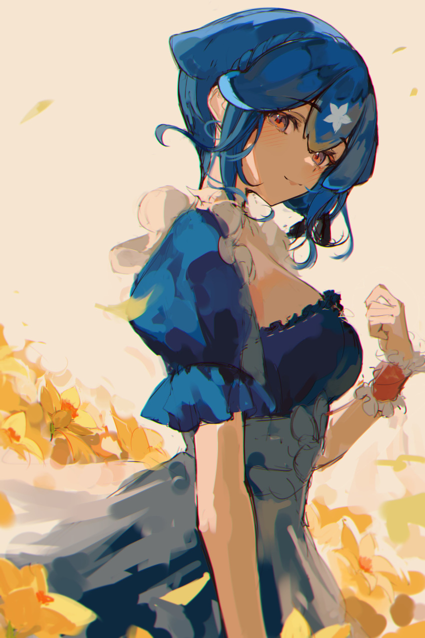 1girl absurdres bao_(vtuber) bao_(vtuber)_(6th_costume) blue_dress blue_hair braid breasts crown_braid dress field flower flower_field from_side hashtag_only_commentary highres indie_virtual_youtuber medium_breasts naokomama official_alternate_costume puffy_short_sleeves puffy_sleeves short_hair short_sleeves sidelocks solo standing virtual_youtuber wrist_cuffs yellow_flower