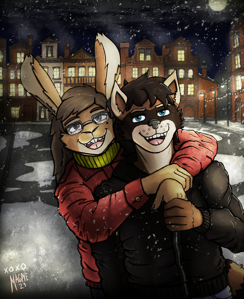 anthro black_hair blue_eyes brown_eyes brown_hair buckteeth clothed clothing coat duo ear_piercing embrace female fully_clothed hair hand_holding hi_res hug hugging_from_behind lagomorph leporid lights looking_at_viewer male male/female mammal moon night oneflymagpie piercing procyonid rabbit raccoon sara_finch scarf smile snow teeth tongue topwear town winter