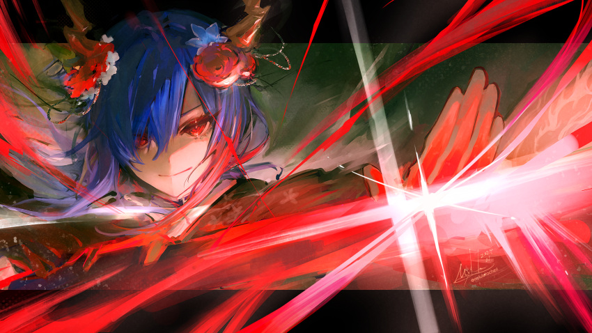 1girl arknights blue_hair ch'en_(arknights) closed_mouth dated dragon_horns flower glowing glowing_sword glowing_weapon gradient_hair hair_flower hair_ornament hair_over_one_eye highres holding holding_sword holding_weapon horns letterboxed long_hair looking_at_viewer multicolored_hair myluche red_eyes red_flower red_hair signature smile solo sword upper_body weapon