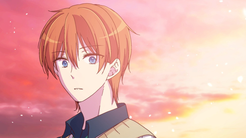 1boy banjou_azusa blue_eyes brown_hair cloud dawn evening jacket koisuru_(otome)_no_tsukurikata light_rays looking_at_viewer male_focus midou_kenshirou orange_sky outdoors short_hair sky solo solo_focus sunbeam sunlight sunset