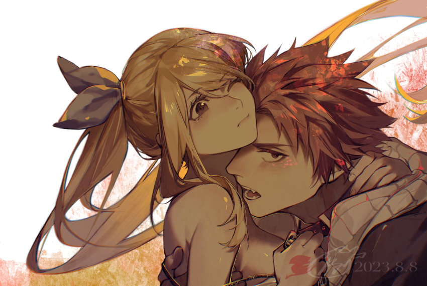 1boy 1girl bare_arms bare_shoulders biting biting_own_lip black_camisole black_coat black_eyes blonde_hair blue_ribbon breasts brown_eyes camisole chain cleavage coat collar collar_grab colored_skin fairy_tail fairy_tail_logo hair_ribbon hand_tattoo highres hug jyukawa long_hair looking_at_another looking_at_viewer lucy_heartfilia natsu_dragneel neck_biting one_eye_closed pink_hair ponytail red_collar ribbon scarf sharp_teeth short_hair tattoo teeth two-tone_background white_background white_scarf white_skin