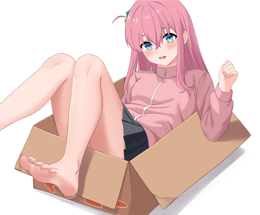 1girl absurdres bare_legs barefoot blue_eyes blush bocchi_the_rock! box cardboard_box commentary_request cube_hair_ornament duplicate feet foot_out_of_frame gotoh_hitori hair_ornament highres jacket long_hair parted_lips pink_hair pink_jacket pinkiuzu pixel-perfect_duplicate side_ahoge simple_background skirt soles solo toes white_background