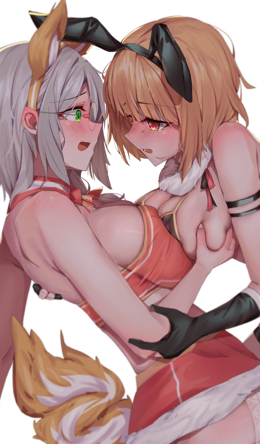 2girls absurdres animal_ears black_bra black_gloves blonde_hair bra breasts choker chone commentary fur-trimmed_choker fur_trim glasses gloves grabbing grabbing_another's_breast green_eyes grey_hair heaven_burns_red highres izumi_yuki_(heaven_burns_red) kayamori_ruka korean_commentary large_breasts long_hair looking_at_another multiple_girls rabbit_ears red_eyes round_eyewear short_hair tail underwear yuri