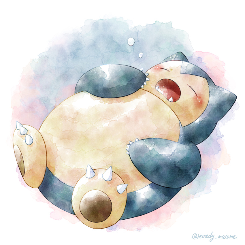 animal_focus artist_name blue_skin claws closed_eyes colored_skin commentary_request fangs highres lying multicolored_background no_humans on_back open_mouth pawpads pokemon pokemon_(creature) remedy_matome snorlax twitter_username white_background