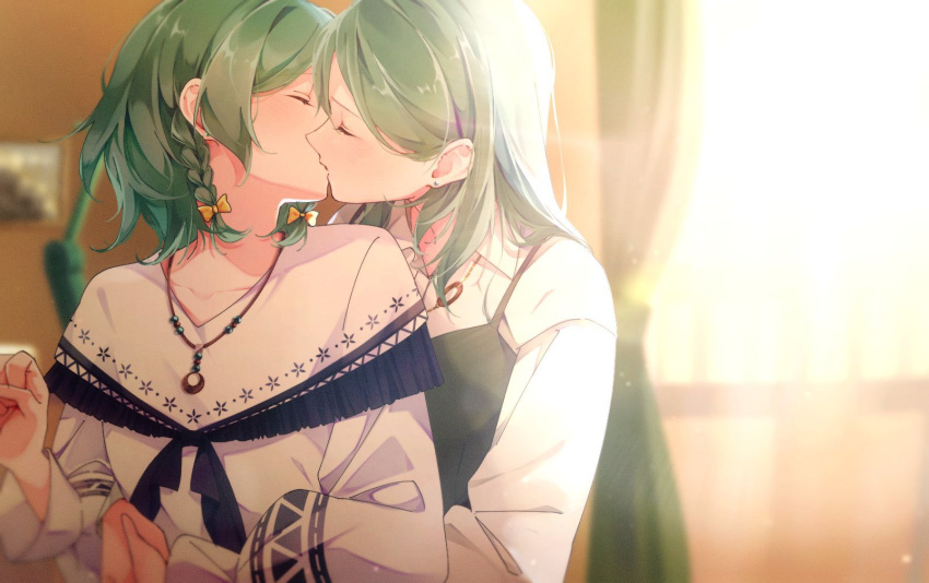 2girls aqua_hair bang_dream! bead_necklace beads bow braid commentary_request crescent crescent_necklace dress frilled_shawl frills green_dress hair_bow highres hikawa_hina hikawa_sayo incest jewelry kiss light_rays long_hair medium_hair multiple_girls multiple_hair_bows necklace pinafore_dress shawl shirt siblings sleeveless sleeveless_dress toto_(sa-dosama) twin_braids twincest twins white_shawl white_shirt window yuri