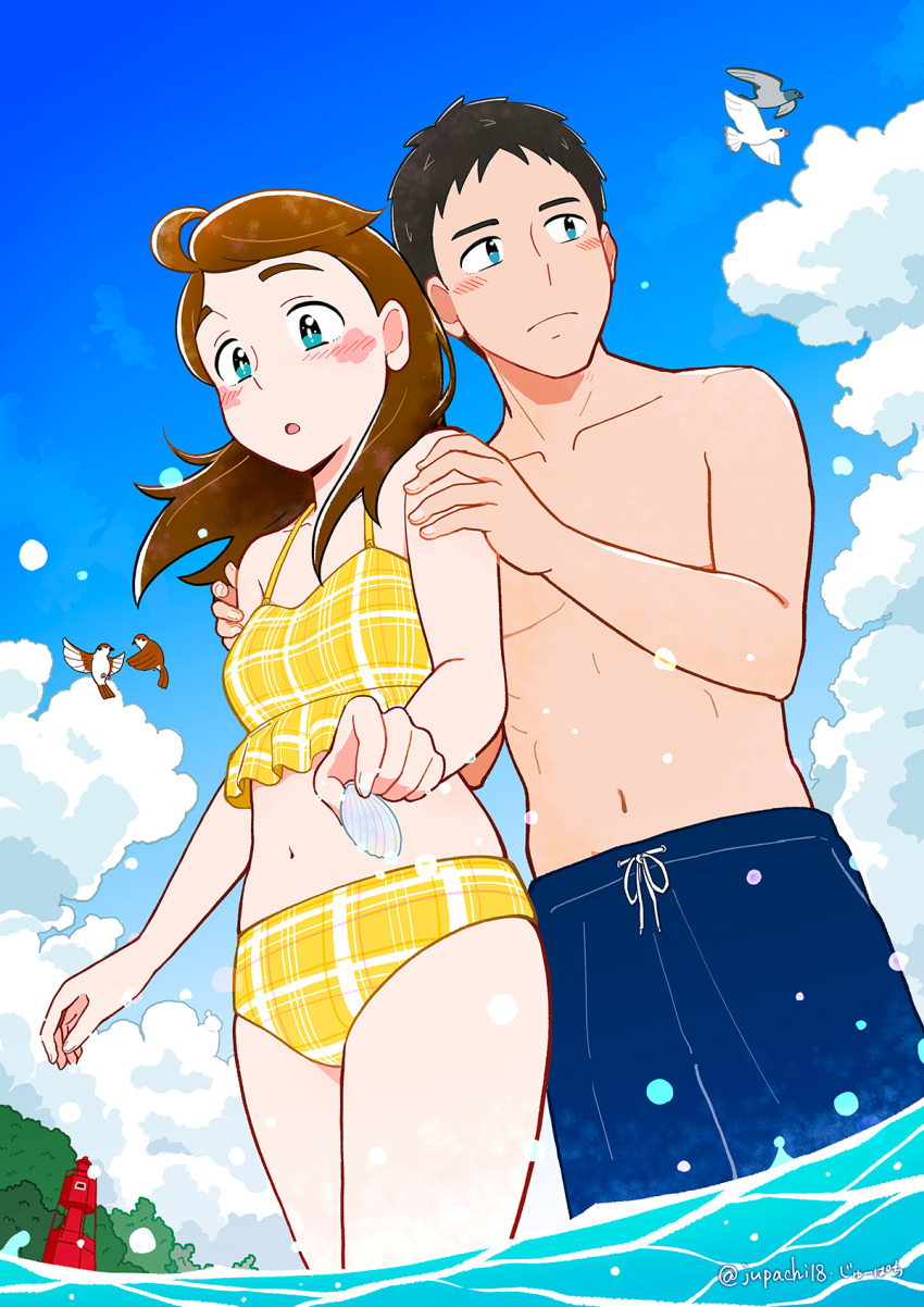 1boy 1girl aqua_eyes bird black_hair blue_sky blush brown_hair cloud cloudy_sky commentary_request cowboy_shot day eurasian_tree_sparrow from_below hands_on_another's_shoulders highres holding_shell jupachi18 long_hair male_swimwear navel ocean original outdoors parted_lips plaid plaid_swimsuit plant seashell shell shirtless short_hair signature sky sparrow swim_trunks swimsuit swimwear tree twitter_username yellow_swimsuit