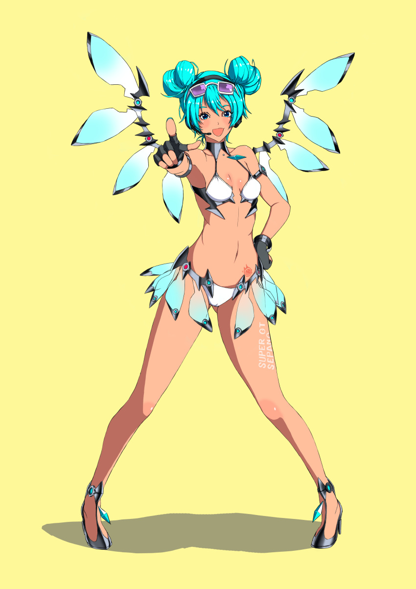 1girl absurdres aqua_eyes aqua_hair bikini black_gloves body_writing dark_skin double_bun eyewear_on_head fingerless_gloves full_body gloves goodsmile_racing hair_bun hatsune_miku headset heart_hair_bun high_heels highres looking_at_viewer mechanical_wings nail_polish navel no_socks open_mouth race_queen racing_miku racing_miku_(2013) racing_miku_(2013_sepang_ver.) sign simple_background smile solo stomach sun_tattoo sunglasses swimsuit tan vocaloid white_bikini wings wobushisangshi