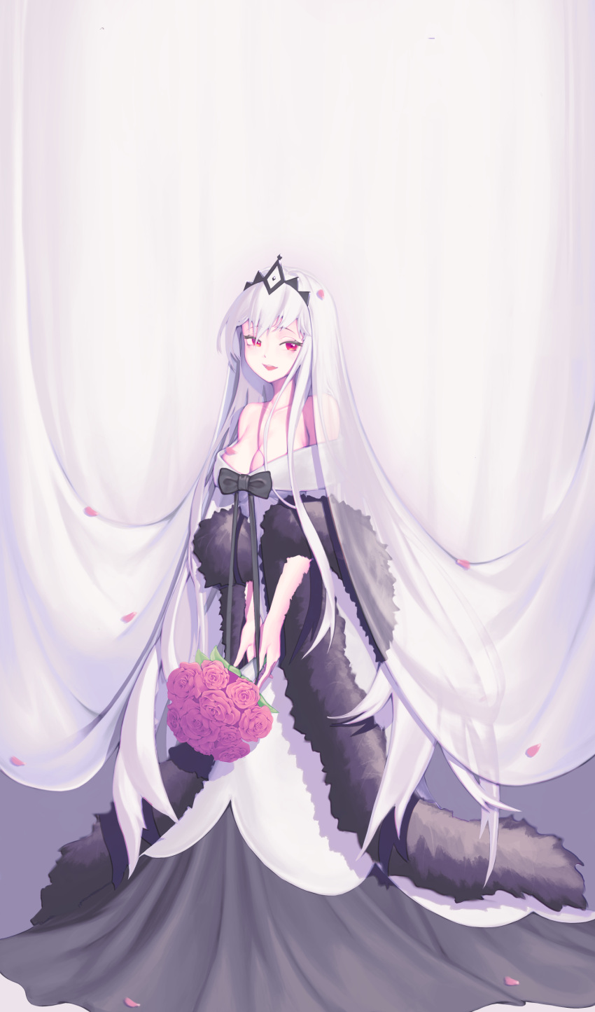 1girl absurdres black_bow bouquet bow breasts bridal_veil cleavage crown_hair_ornament dress flower fur_trim girls'_frontline highres holding holding_bouquet kar98k_(girls'_frontline) kar98k_(purity_in_vermilion)_(girls'_frontline) long_dress long_hair official_art open_mouth petals red_eyes red_flower red_rose rose rose_petals smile solo tea_line veil wedding_dress white_dress white_hair