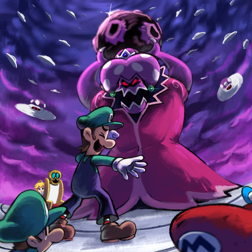 2girls 3boys baby_luigi blonde_hair blue_overalls boots brown_footwear brown_hair closed_eyes crown dress earrings elder_princess_shroob facial_hair gloves green_headwear hat highres jewelry luigi mario mario_&amp;_luigi:_partners_in_time mario_&amp;_luigi_rpg mario_(series) masanori_sato_(style) meteor multiple_boys multiple_girls mustache open_mouth overalls princess_peach purple_dress red_eyes red_headwear short_hair shroob_saucer sphere_earrings stone_floor white_gloves ya_mari_6363