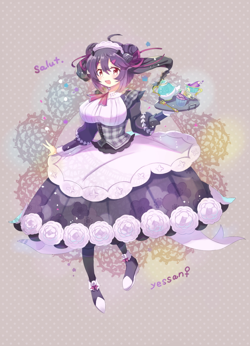 1girl :d absurdres ahoge black_dress black_footwear black_hair breasts brown_eyes character_name cup cupcake dress floral_print food fork full_body fuwasn1545 hair_ornament hair_ribbon hairclip highres indeedee indeedee_(female) large_breasts maid_headdress personification plaid pokemon purple_ribbon ribbon smile solo teacup teapot