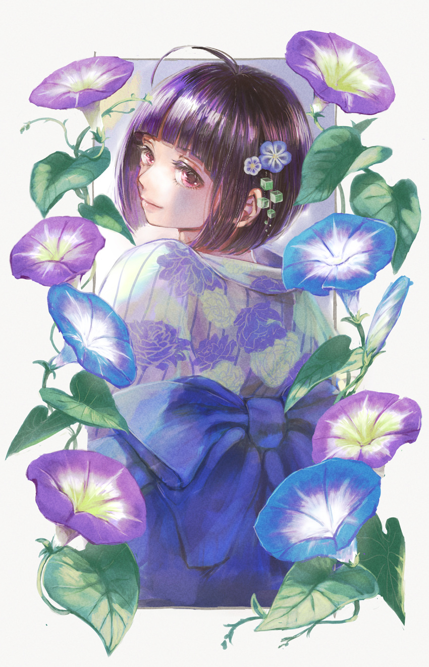 1girl ahoge always_omochi amatori_chika black_hair blue_flower bob_cut closed_mouth cube_hair_ornament eyelashes floral_print flower from_behind hair_flower hair_ornament highres japanese_clothes kimono looking_at_viewer looking_back morning_glory obi outside_border plant purple_flower purple_hair red_eyes sash short_hair smile solo upper_body vines white_background world_trigger yukata