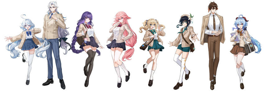 3boys 5girls absurdres ahoge alternate_costume animal_ears bag barbara_(genshin_impact) bare_legs belt blue_eyes blue_hair book bow bowtie braid brown_bow brown_bowtie brown_hair brown_jacket brown_necktie brown_pants brown_skirt contemporary dasha earrings fox_ears full_body furina_(genshin_impact) ganyu_(genshin_impact) genshin_impact gradient_hair hair_between_eyes highres holding holding_book horns jacket jewelry lineup long_hair mismatched_pupils mole mole_under_eye multicolored_hair multiple_boys multiple_girls necktie neuvillette_(genshin_impact) open_mouth pants pink_hair pleated_skirt purple_eyes purple_hair raiden_shogun shirt shoes short_hair_with_long_locks shoulder_bag simple_background skirt smile socks thighhighs thighs twin_braids venti_(genshin_impact) very_long_hair vision_(genshin_impact) white_background white_shirt white_socks yae_miko zhongli_(genshin_impact)