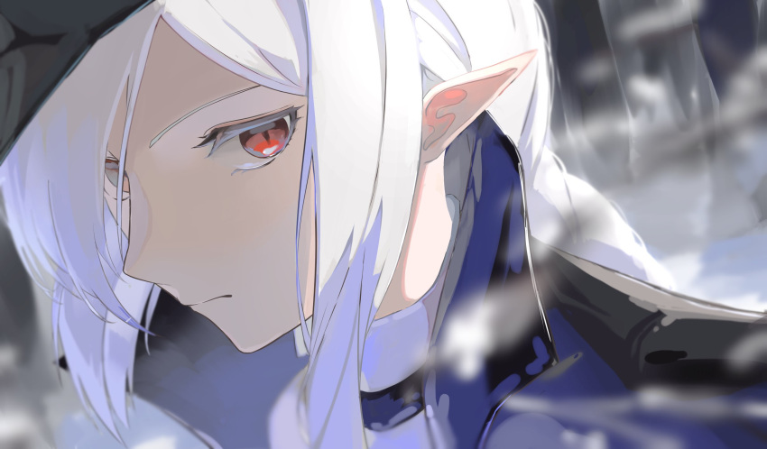 1girl abstract_background arknights black_coat black_headwear blurry blurry_background blurry_foreground coat commentary frown gladiia_(arknights) hat highres long_hair looking_at_viewer pointy_ears popped_collar portrait red_eyes shaded_face shirt sidelocks solo upper_body uryu_(uryu0329) visible_air white_hair white_shirt