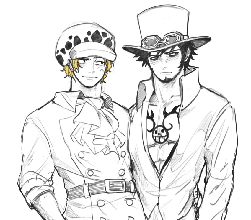 2boys ascot belt black_hair blonde_hair blush borrowed_clothes burn_scar chest_tattoo closed_mouth couple earrings english_commentary facial_hair fur_hat goatee goggles goggles_on_headwear hand_on_another's_hip hat headwear_switch highres jewelry long_sleeves male_focus monochrome multiple_boys one_piece sabo_(one_piece) scar scar_across_eye scar_on_face shirt short_hair sketch smile tattoo top_hat trafalgar_law xve009 yaoi