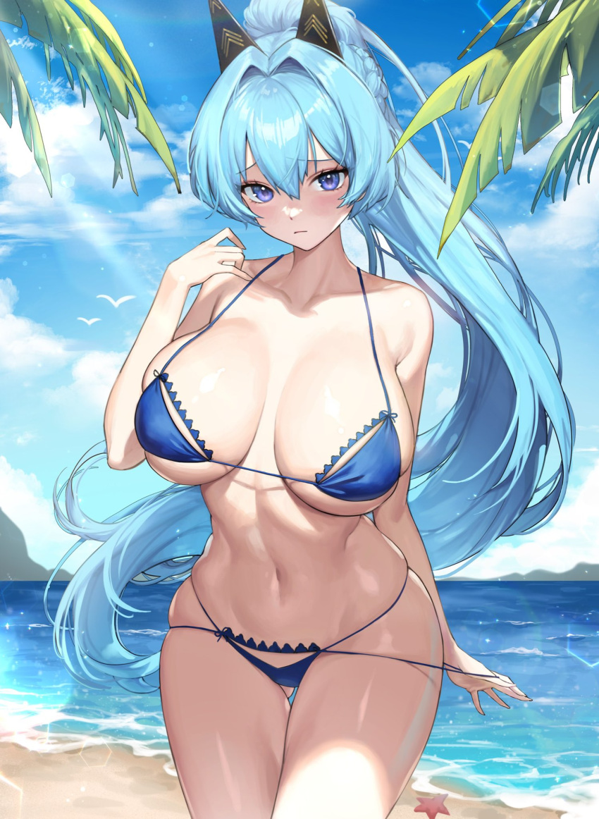 1girl ai-generated beach bikini bird blue_bikini blue_eyes blue_hair blue_sky blush breasts cloud cloudy_sky day goddess_of_victory:_nikke hand_up helm_(aqua_marine)_(nikke) helm_(nikke) highres large_breasts long_hair looking_at_viewer micro_bikini navel ocean official_alternate_costume outdoors panties panty_pull pasadena sky starfish stomach string_pull swimsuit thighs underwear wet