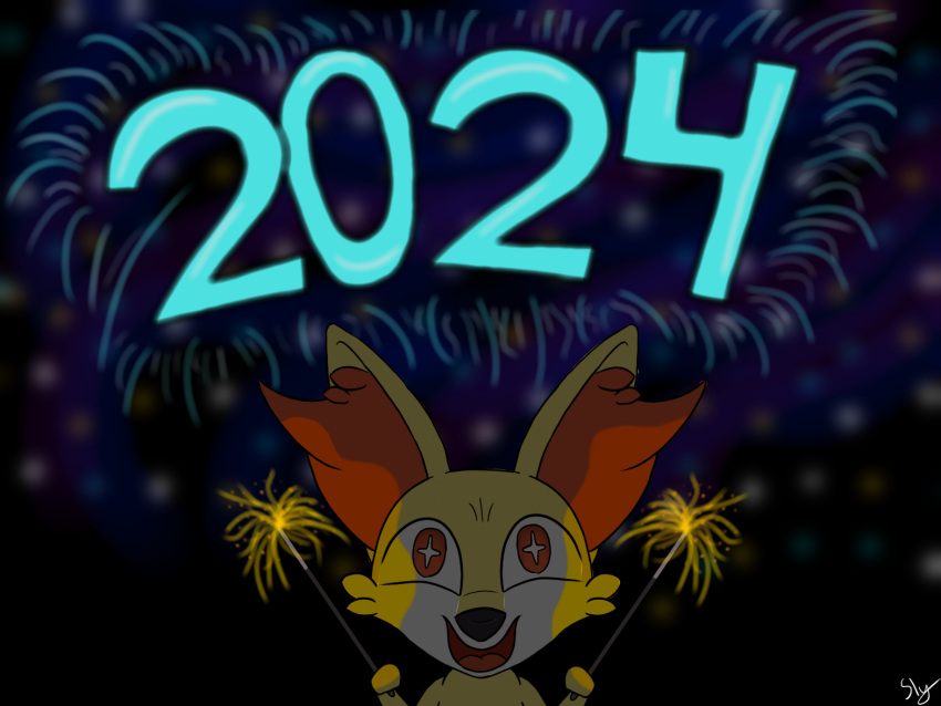 2024 ambiguous_gender canid canine colored detailed_background digital_media_(artwork) facial_tuft fennekin feral fireworks fox fur generation_6_pokemon holidays inner_ear_fluff light lighting mammal new_year new_year_2024 nintendo open_mouth pokemon pokemon_(species) red_body red_eyes red_fur shaded signature slysocx smile solo sparkler sparkling_eyes tagme tuft yellow_body yellow_fur