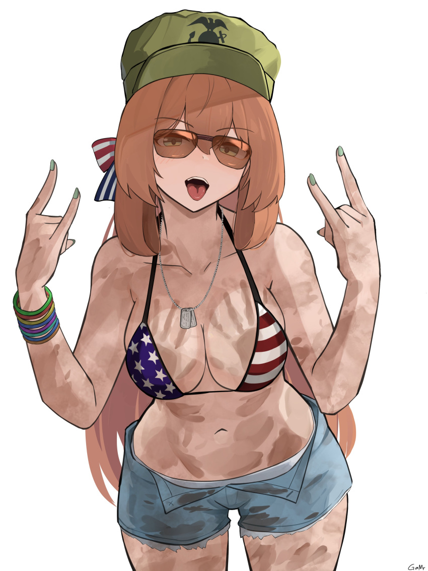 1girl absurdres alternate_costume american_flag_bikini bikini bow bracelet braid breasts brown_hair collar cowboy_shot cutoffs demon_horns denim denim_shorts dog_tags english_commentary flag_print gamryous girls'_frontline glasses grand_theft_auto grand_theft_auto_vi green_nails hair_between_eyes hair_bow halterneck handprint hat highres horns jewelry looking_at_viewer medium_breasts multiple_braids nail_polish navel shorts sidelocks solo springfield_(girls'_frontline) swimsuit teeth thighs tongue tongue_out upper_teeth_only w_arms white_background