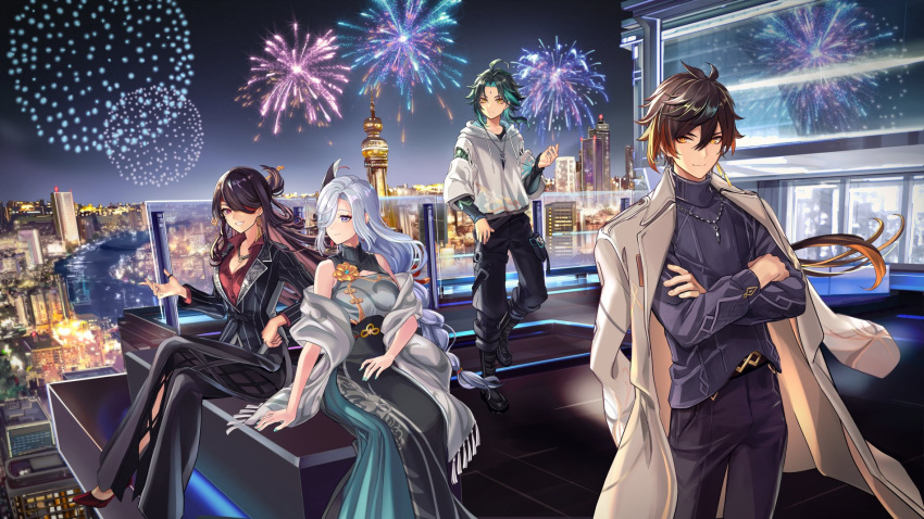 2boys 2girls ahoge alternate_costume aratakosu_(tako's) baggy_pants beidou_(genshin_impact) black_hair black_necktie black_suit blue_eyes braid braided_ponytail breasts brown_coat brown_hair cleavage coat collared_coat collared_shirt commentary_request contemporary dress eyepatch fireworks formal full_body genshin_impact gradient_hair green_hair grey_hair hair_between_eyes hair_ornament hair_over_one_eye highres hood hood_down hoodie large_breasts long_hair long_sleeves looking_at_viewer multicolored_hair multiple_boys multiple_girls necktie night pants ponytail shenhe_(genshin_impact) shirt short_hair smile suit trench_coat very_long_hair white_hoodie xiao_(genshin_impact) yellow_eyes zhongli_(genshin_impact)