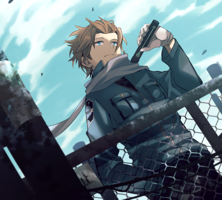 1boy aged_down badge black_pants blue_eyes blue_jacket blue_sky breast_pocket brown_hair chain-link_fence closed_mouth cowboy_shot day dutch_angle fence floating_scarf gloves hair_slicked_back hand_in_pocket hand_up highres holding holding_weapon jacket jin_yuuichi light_smile looking_to_the_side male_focus morita_yuu outdoors pants pocket scarf short_hair sky smile solo uniform utility_pole weapon white_gloves white_scarf wind world_trigger
