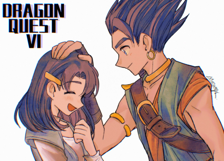1boy 1girl armlet asymmetrical_sleeves belt_buckle blue_eyes blue_hair blue_tunic buckle closed_mouth commentary_request copyright_name dragon_quest dragon_quest_vi earrings fingerless_gloves from_side gloves hair_ornament hand_on_another's_head headpat height_difference hero_(dq6) highres hoop_earrings jewelry light_blush medium_hair mouyi neck_ring open_mouth shirt shoulder_belt siblings signature simple_background smile spiked_hair tania_(dq6) upper_body white_shirt