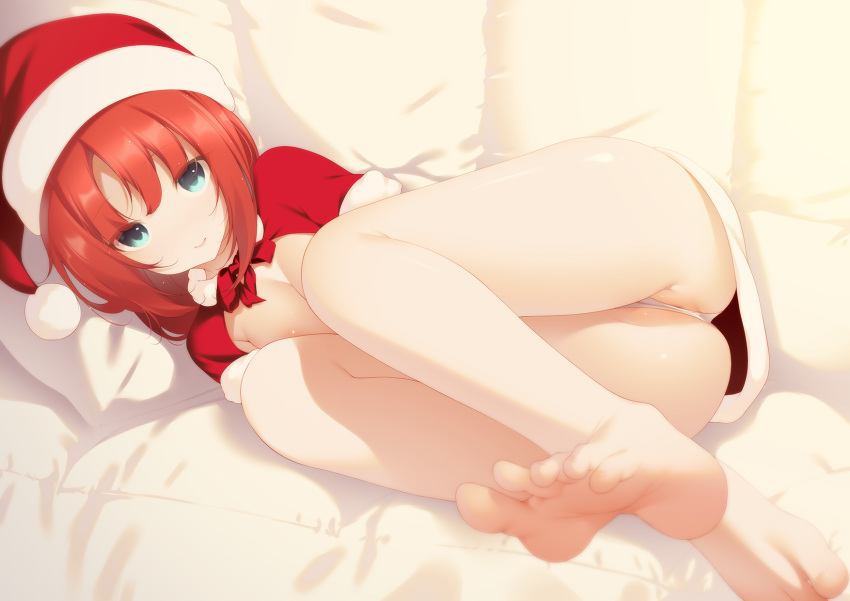1girl areola_slip ass barefoot blue_eyes breasts closed_mouth commentary_request feet hat highres knees_up legs lying medium_breasts neck_ribbon on_side original panties partially_visible_vulva red_hair red_headwear red_ribbon ribbon santa_costume santa_hat shokuyou_mogura smile soles solo toes underwear white_panties