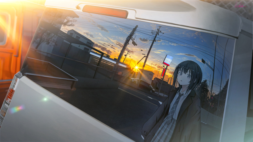 1girl absurdres banishment black_hair brown_jacket building car grey_eyes grey_necktie grey_skirt highres house jacket motor_vehicle necktie original outdoors power_lines reflection scenery skirt solo sun sunset urban utility_pole white_car