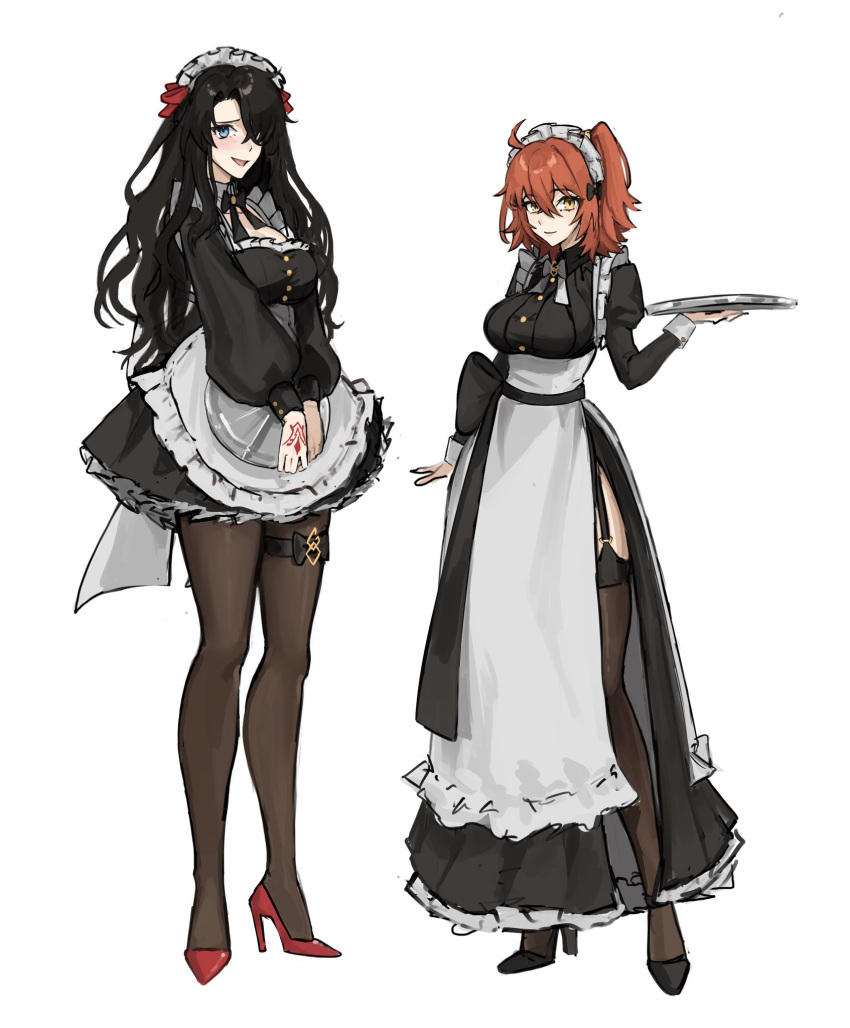 13addendum 2girls ahoge alternate_costume black_hair blue_eyes breasts command_spell enmaided fate/grand_order fate_(series) fujimaru_ritsuka_(female) fujimaru_ritsuka_(male) genderswap genderswap_(mtf) hair_ribbon high_heels highres long_sleeves maid maid_headdress medium_breasts multiple_girls orange_hair pantyhose ribbon saucer side_ponytail twintails yellow_eyes