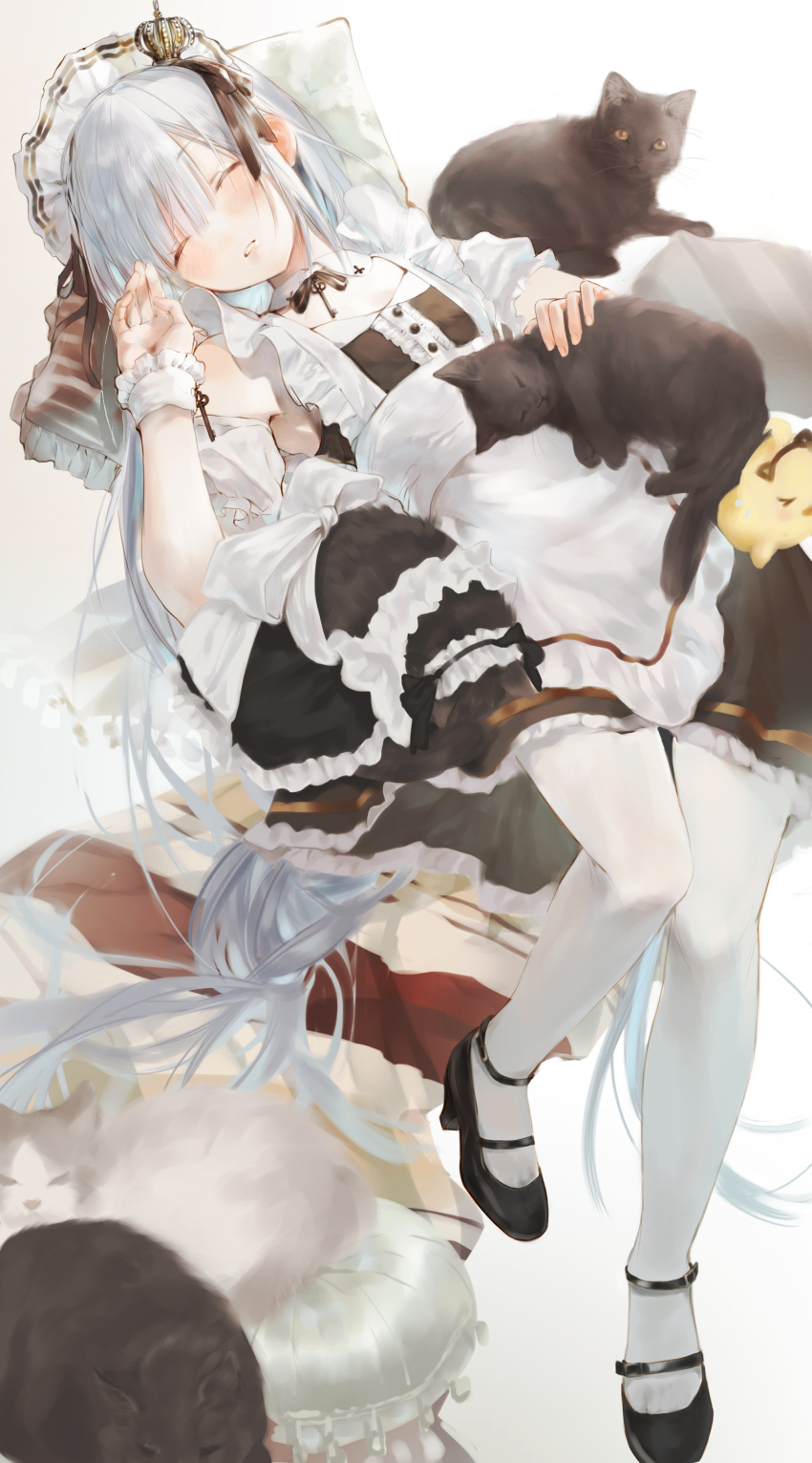 1girl absurdres alternate_costume animal_on_lap apron azur_lane black_dress blue_hair cat cat_on_lap chinese_commentary closed_eyes commentary dress enmaided frilled_apron frills full_body hand_up highres janus_(azur_lane) janus_(don't_turn_off_the_lights)_(azur_lane) light_blue_hair long_hair maid maid_apron maid_headdress manjuu_(azur_lane) official_alternate_costume on_lap pantyhose pillow sleeping tanxing_jiu white_apron white_background white_pantyhose wrist_cuffs